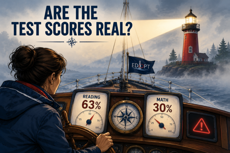 Illustration of a parent at the helm of a ship sailing through fog toward a distant red lighthouse. Two gauges show concerning metrics: 'READING 63%' and 'MATH 30%'. The parent leans forward thoughtfully, examining the instruments as the lighthouse beam illuminates the scene through the mist. The color palette uses deep navy blues, soft grays, and a warm red lighthouse accent, creating a hopeful yet questioning tone about educational outcomes.