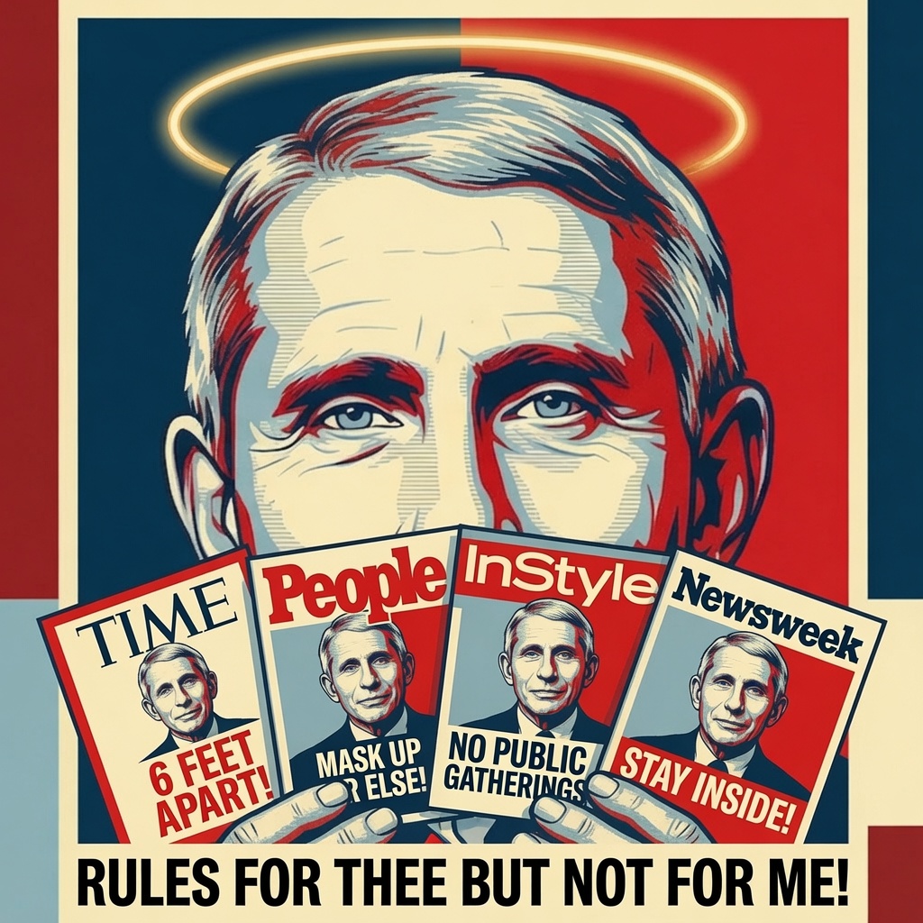 Saint Fauci AI image - mag covers with lies as headlines