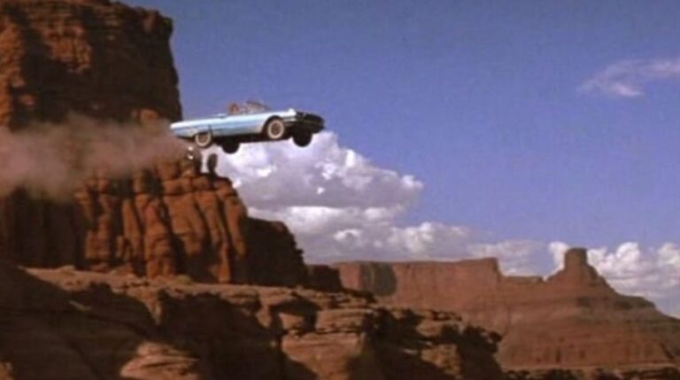 end of thelma and lousie screen grab car flying off a cliff into the grand canyon