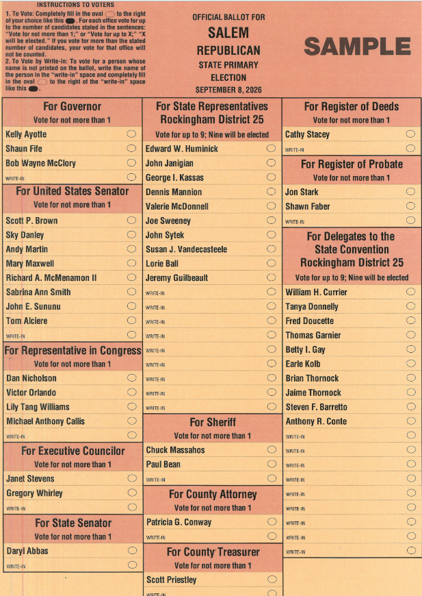Salem NH Republican primary ballot 2026