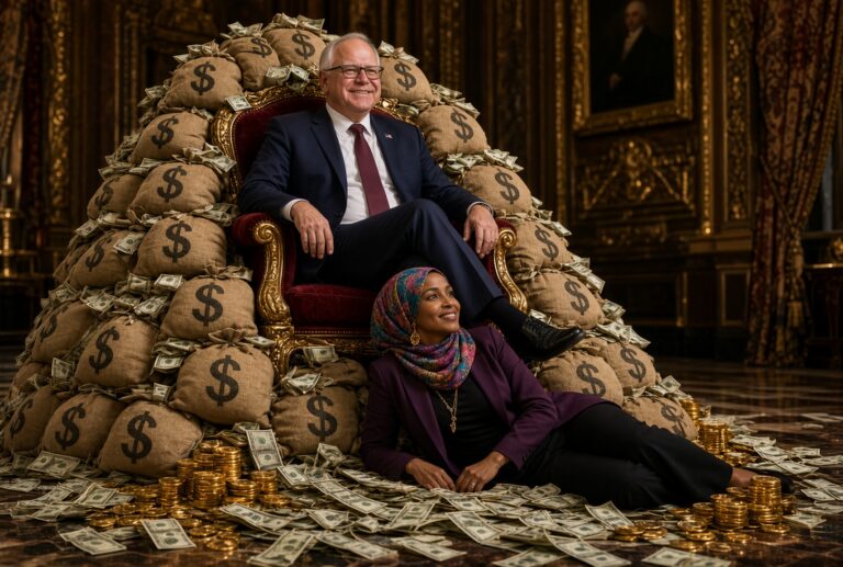 Walz and Omar pile of money smiling