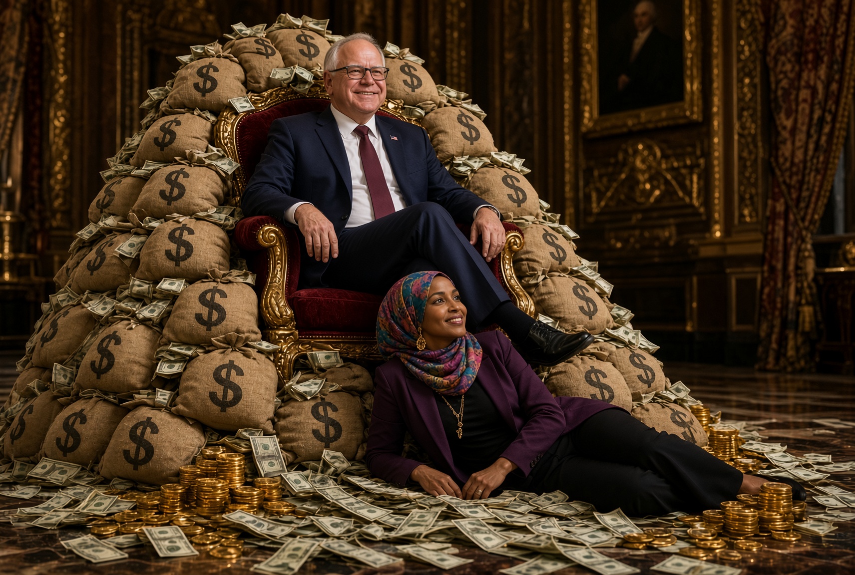 Walz and Omar pile of money smiling